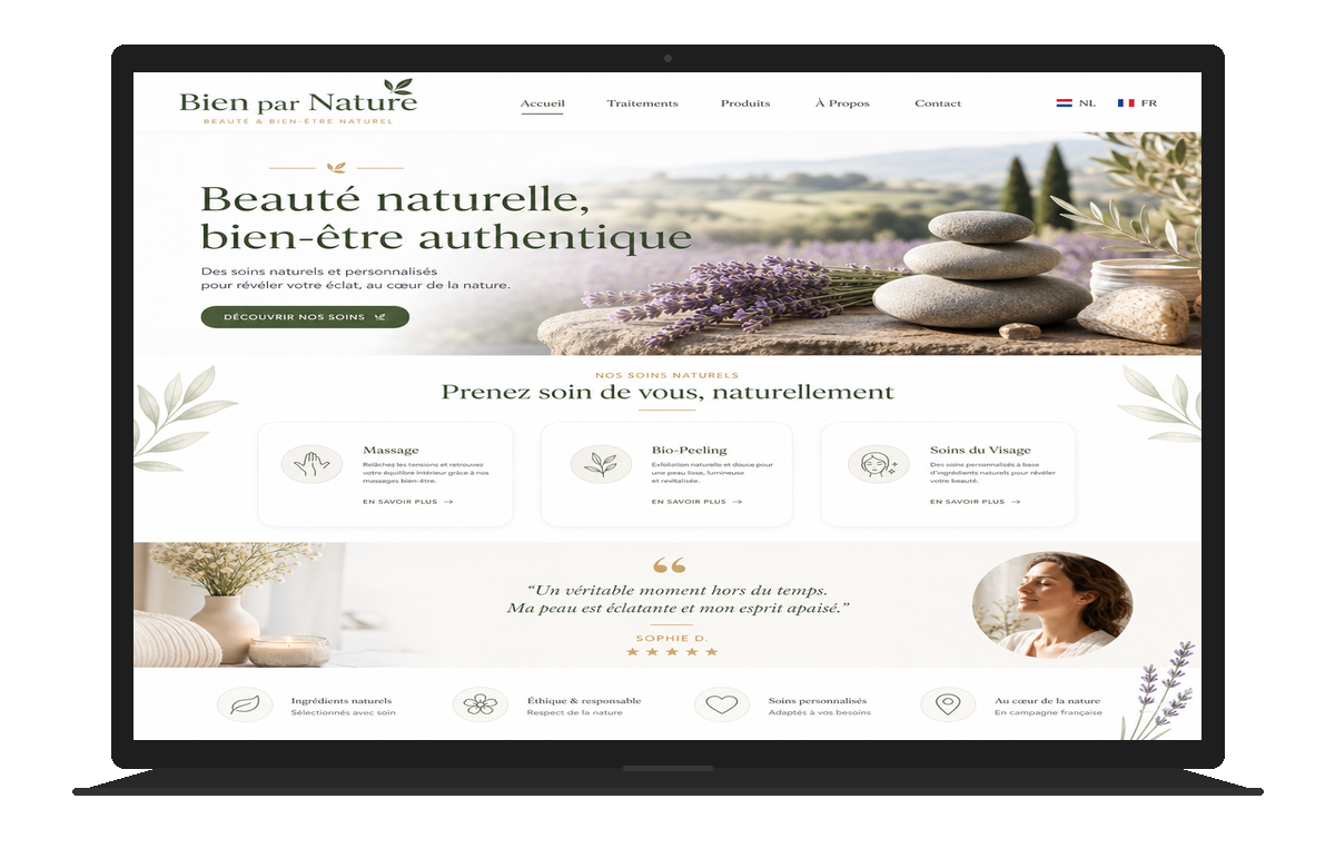 Bien par Nature nieuwe website — modern elegant spa design met natuurlijke kleuren en behandelkaarten