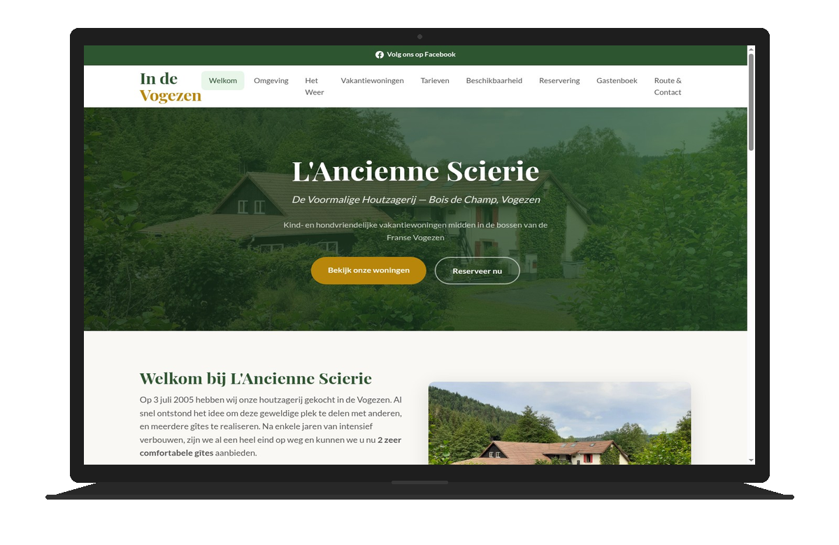In de Vogezen nieuwe website — modern design met hero-foto, CTA-knoppen en overzichtelijke navigatie