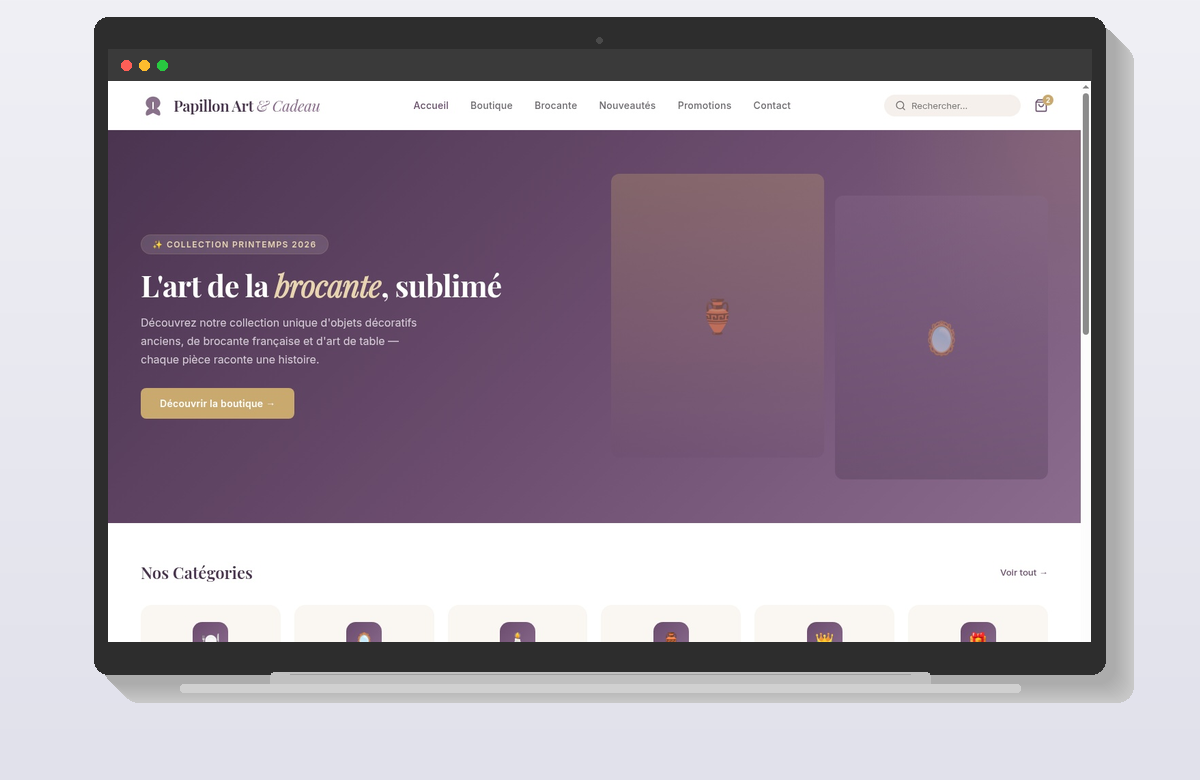 Papillon Art Et Cadeau nieuwe website — modern elegant webshop design met pruim en goud kleurenschema