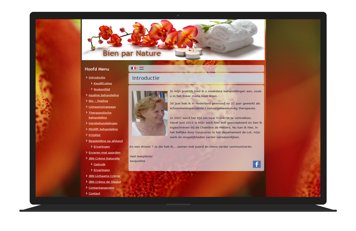 Bien par Nature oude website — verouderd wellness design met bloemachtergrond en sidebar menu