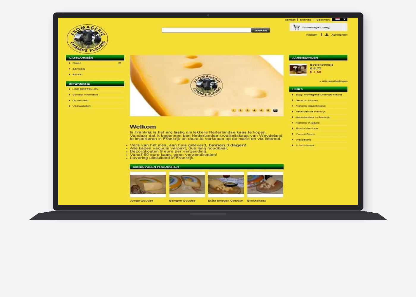 Fromagerie Champs Fleuris oude website — verouderde geel-groene kaaswinkel layout