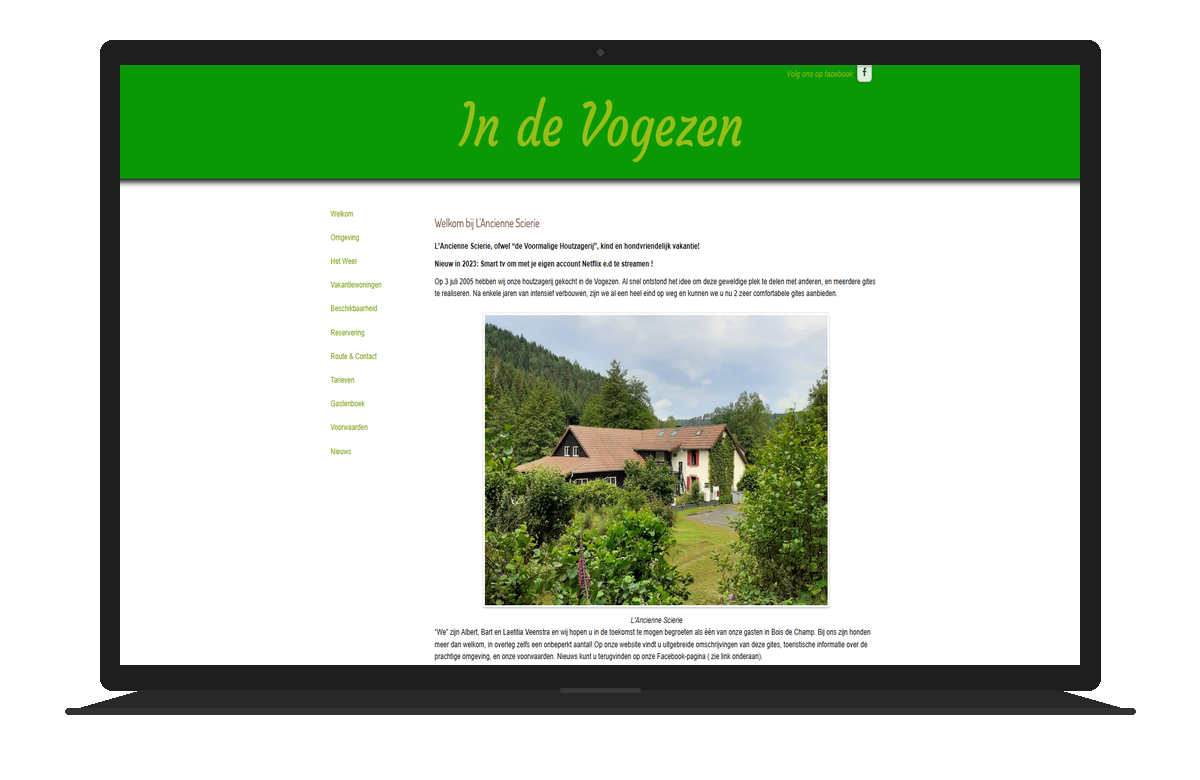 In de Vogezen oude website — verouderd design met sidebar menu en groene header